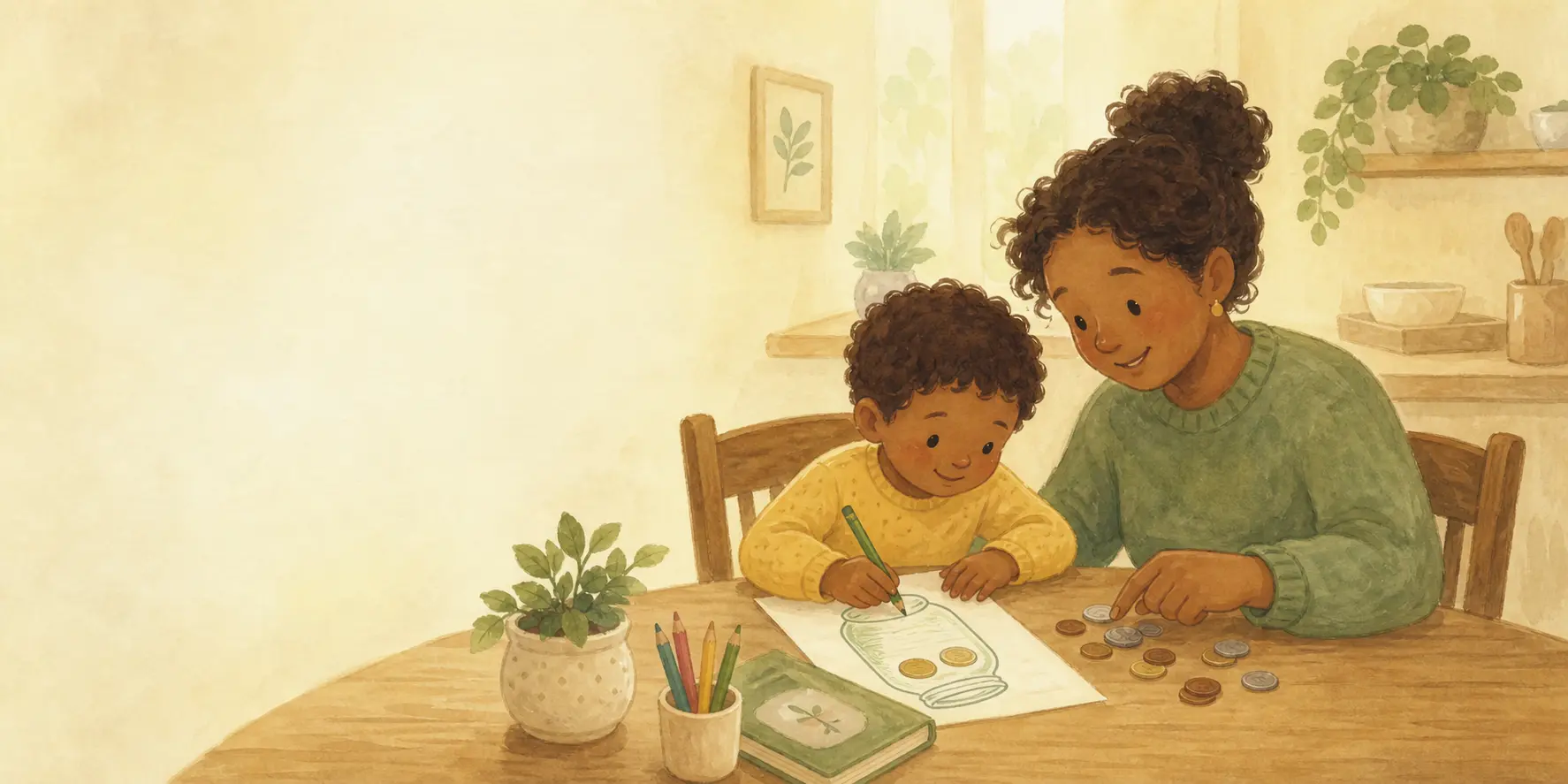 A parent helping a young child with a saving activity at a kitchen table