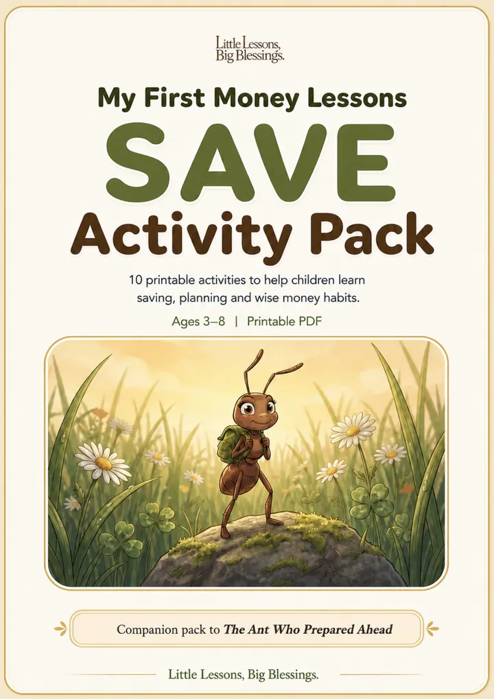 Cover of My First Money Lessons SAVE Activity Pack, featuring Asa the ant in a meadow