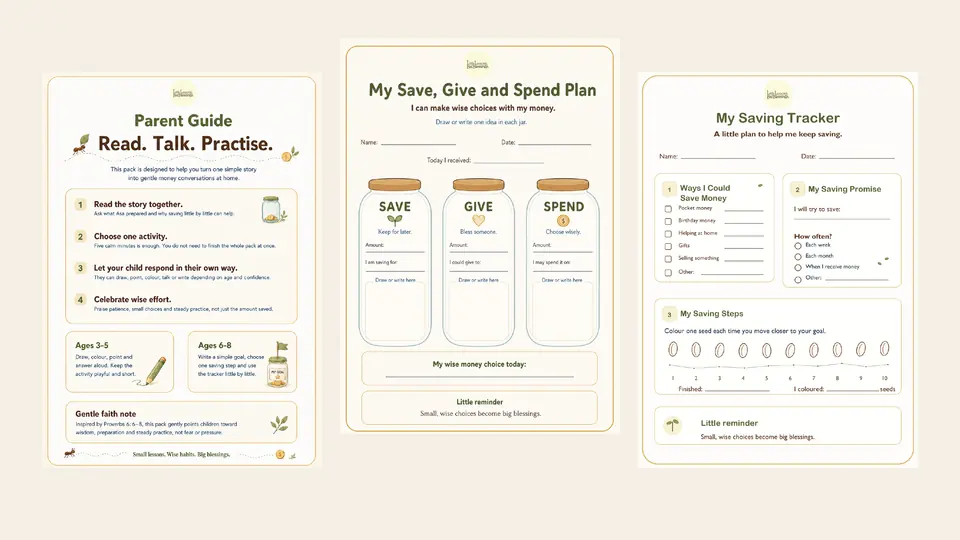 Sample parent guide, Save Give and Spend plan, and saving tracker pages